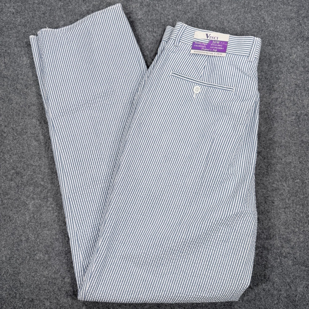 Vinci Zegna Navy White Seersucker Striped Dress Pants Mens 36W Unfinished Hem